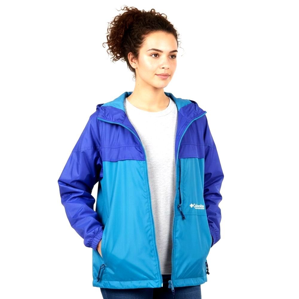 Columbia Women Large Packable Windbreaker Blue Teal Hooded Light Zip Jacket